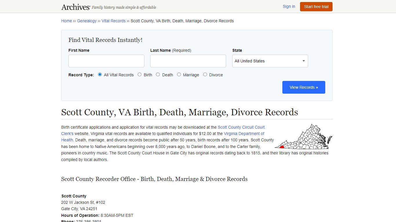 Scott County, VA Birth, Death, Marriage, Divorce Records